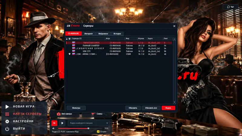 Вкладка серверов клиента CS 1.6 с игроками, картой и пингом серверов проекта CS-MAFIA