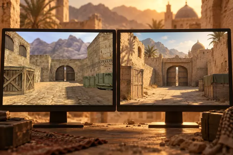 Сравнение КС 1.6 и КС 2: два экрана с картой de_dust2 в старой и новой графике